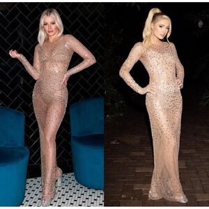 Retrofete Dress Womens Medium Beige Silver Crystal Mesh Sheer Maxi Long Gown